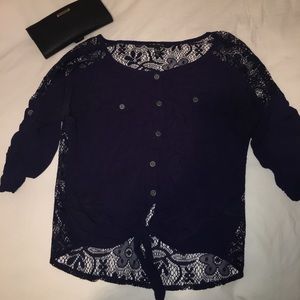 Navy blue button up tie top - S
